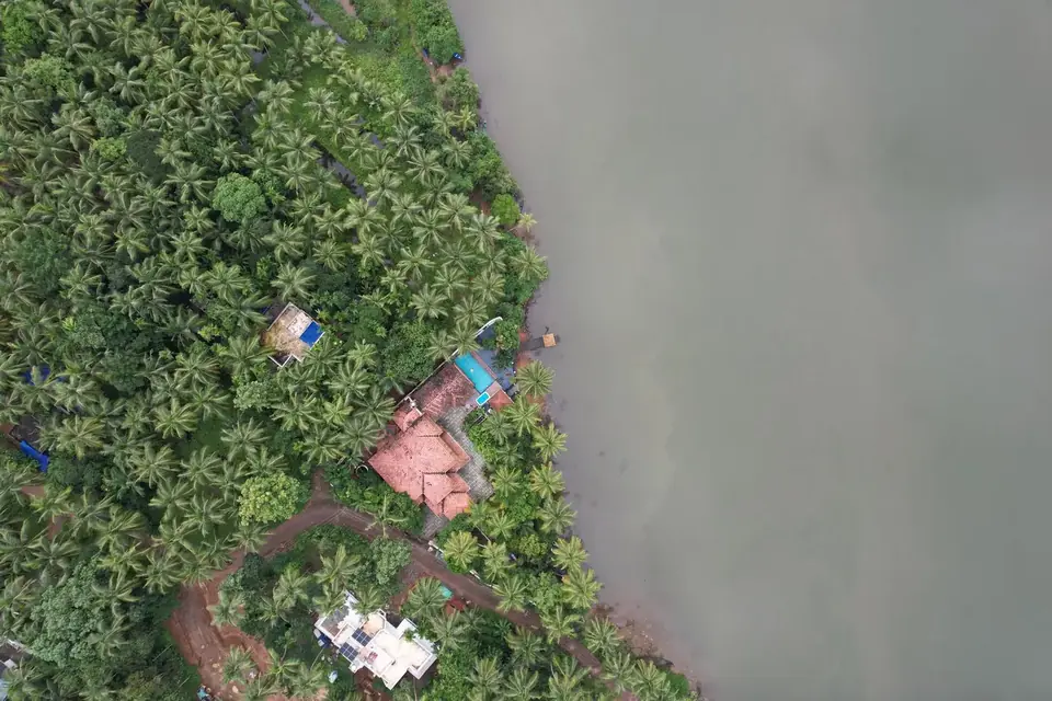 The riverside garden from above, BelleVue Riverside Villa, Kozhikode
